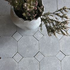 a potted plant sitting on top of a tile floor next to a vase filled with flowers