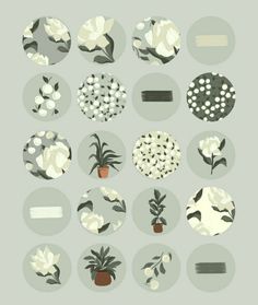 a bunch of flowers that are in some circles on a gray background with black and white stripes