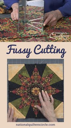 two pictures with the words fussy cutting in front of them and an image of a woman working on a quilt