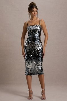 Azure | Silver Sequin Strappy Midi Dress Glamorous Gala Dresses With Contrast Sequin, Sleeveless Shimmer Sequin Dress For Gala, Sequined Midi Evening Dress For Prom Season, Sequin Midi Dress For Evening Prom, Shimmer Sequin Fabric For Cocktail Party Season, Sequin Fabric With Shimmer For Cocktail And Party Season, Party Season Cocktail Sequin Fabric With Shimmer, Metallic Sequin Dress For Holiday Party, Glamorous Midi Sequin Dress For Prom Season