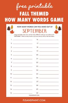 a printable fall word game with the words, how many words can you make out of