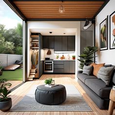 a living room filled with furniture next to a wooden floor covered in potted plants