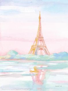 a painting of the eiffel tower in paris, france with water reflecting off it's surface