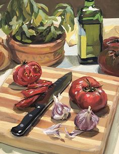 a painting of tomatoes and garlic on a cutting board with a knife next to them