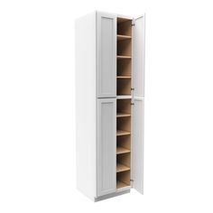 a tall white cabinet with two doors and shelves in the middle, on a white background