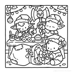 a black and white drawing of children eating at a table with christmas decorations in the background