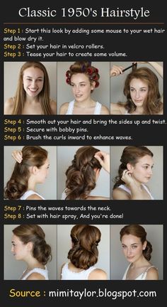 Skin + Beauty + Fashion - DIY - 1950’s classic hairstyle. 1950s Hair Tutorial, 1950’s Hairstyles, 1950s Hairstyle, Hairstyles Vintage, Vintage Updo, Diy Wedding Hair