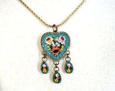 Vintage Assemblage Rhinestones Turquoise Micro Mosaic Heart | Etsy Vintage Soldered Heart Pendant Necklace, Turquoise Bohemian Hand Painted Jewelry, Bohemian Turquoise Hand Painted Jewelry, Vintage Hand Painted Pendant Jewelry, Blue Enamel Bohemian Necklaces, Unique Turquoise Enamel Jewelry, Handmade Heart-shaped Enamel Jewelry, Vintage Enamel Jewelry Handmade, Vintage Handmade Enamel Jewelry