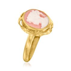 Ross-Simons - Italian Pink Porcelain Cameo Ring in 18kt Gold Over Sterling. Size 7. Get the bygone look for a great price! From Italy, this demure ring features a 9.5x7.5mm pink porcelain cameo of a young woman. Crafted in polished 18kt yellow gold over sterling silver with a stylish twisted frame around the portrait. 1/2" wide. Pink porcelain cameo ring. Cameo Rings, Pink Porcelain, Cameo Earrings, Cameo Ring, Natural Gold, Pearl Gemstone, Stone Engagement, Young Woman, Ring Shopping