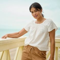 Performance Linen Smocked Square-Neck Top | Orvis Casual Stretch Blouse For Day Out, Casual Relaxed Fit Blouse For Vacation, Casual Crew Neck Blouse For Daywear, Casual Relaxed Fit Vacation Blouse, Casual Smocked Top For Day Out, Summer Tops With Smocked Back For Daywear, Summer Smock Tops For Day Out, Relaxed Fit Short Sleeve Smocked Top, Relaxed Fit Smocked Top For Summer Day Out