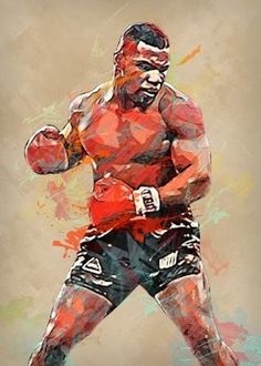 a digital painting of a man holding a boxing glove in his right hand and wearing red shorts