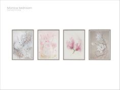 three framed pictures with flowers on them in pink and white colors, one is an abstract painting