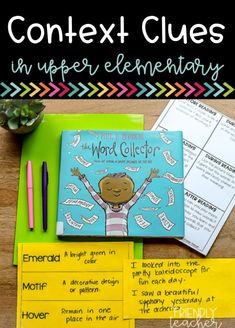 a table with books and papers on it that says, the word collector in upper elementary