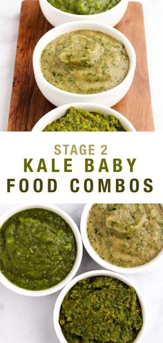 kale baby food combos in white bowls on a cutting board with text overlay