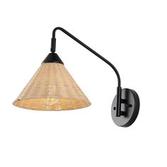 a wall light with a black arm and a rattan shade on the back of it