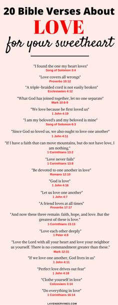 the 20 bible verses about love for your sweet heart, written in red and black