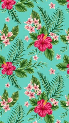 a blue background with pink and green flowers, leaves and palm fronds on it