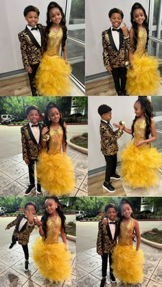 two children dressed up in yellow and black tuxedos, posing for the camera