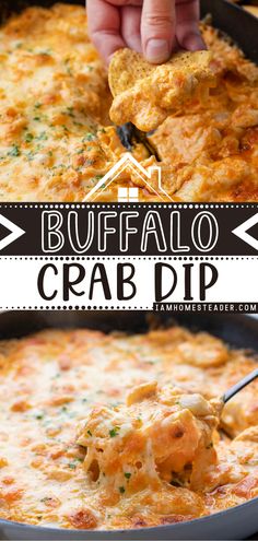 a close up of food in a pan with the words buffalo crab dip on it