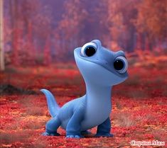 a small blue dinosaur with big eyes standing in the middle of an autumn forest filled with leaves