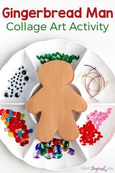 the gingerbread man collage art activity is displayed on a paper plate with buttons