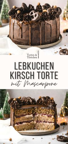 a cake with chocolate frosting on top and the words lekkuchen kirsch torte in front