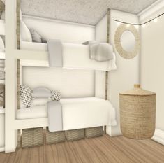 a room with bunk beds and wicker baskets on the floor, along with a round mirror