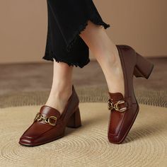 Step into style with our women's loafers with heels. These shoes are perfect for work or play. and they'll keep you looking sharp all day long. The cognac-colored leather is rich and luxurious. and the square toe gives them a classic look. The gold metal detailing adds a touch of sophistication. and the low heel makes them comfortable to wear all day long. Whether you're headed to the office or out on the town. these loafers will have you looking your best. Upper: Lambskin Lining: Leather Outsol Loafers With Heels, Womens Heeled Loafers, Elegant Sneakers, Shop Shoe, Fall Shoe, Womens Loafers, Block Heel Loafers, Square Toe Shoes, Look Formal