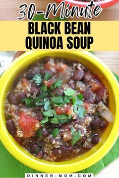 black bean quinoa soup in a yellow bowl