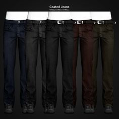 five pairs of jeans are shown in different colors