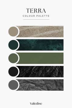 the color palette for terra is shown in shades of green, black and white with text that