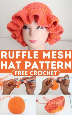 a crocheted hat with the words ruffle mesh on it and pictures of how to