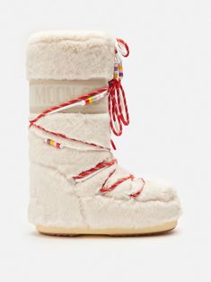 ivory white faux-fur design bead embellishment round toe ankle-length front lace-up fastening flat rubber sole Fur Moon Boots Outfit, Fur Moon Boots, Moon Boots Outfit, Boots Moon, Fur Snow Boots, Moon Boot, Mule Sneakers, Low Boots, Moon Boots