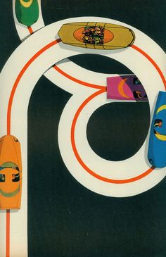 an advertisement featuring skateboards and backpacks on a white circle with red, blue, green, yellow and orange stripes