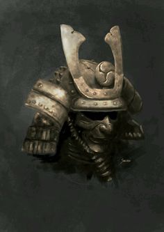 the helmet is made up of metal and has a large face with horns on it