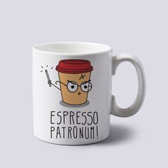 a coffee cup with the words espresso patronum written on it and an image of a person holding a pencil