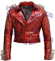 Customize Red Brando Belted Leather Jacket Silver Spike Studded Leather Brando Jacket Spiked Men Leather Jacket Gents Biker JacketRed ColorSilver StuddedSpike StudsLapel Collar ShapeZipper PocketsSide Zipper ClosureInside Zipper PocketBuckle Belt On Waist100% Genuine LeatherMen Bikers JacketStudded Jacket made with 100 % Genuine Top Quality Cowhide Leather Silver  StuddedHigh Quality Studs. Each securely added by hand Cropped, Vintage - Inspired Motorcycle / Moto / Biker Fit0.9 to 1.0 MM Cowhide Spiked Leather Jacket, Punk Leather Jacket, Women Motorcycle, Studded Leather Jacket, Womens Biker Jacket, Studded Jacket, Slim Fit Jackets, Real Leather Jacket, Biker Leather