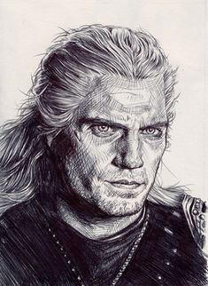 a drawing of a man with long blonde hair and blue eyes, in black and white