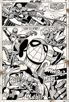 the amazing spider - man comic strip is shown in this black and white drawing,