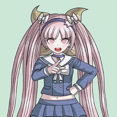 Kotoko Utsugi stands angrily pointing at you. She has a Tenko bow on the back of her head, and has long pink hair pulled back in 2 ponytails, and wears Tenko Chabashira's clothes. It is located in the middle of a mint green square that serves as a background. Tenko Chabashira, Danganronpa Another, First Time