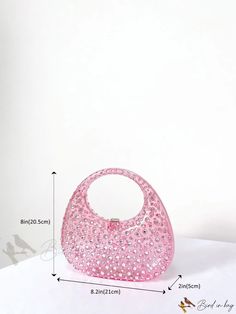 Bird in Bag - Rhinestone Decoated Handheld Evening Bag - Perfect for Back-to-School Parties, Going Out, Clubbing, and G Pink Handheld Bag With Rhinestones, Pink Rhinestone Handheld Bag, Handheld Pink Rhinestone Bag, Circle Bag, Back To School Party, Writing Numbers, Pink Pattern, All Holidays, School Parties