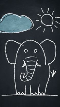 chalk drawing of an elephant in front of the sun and clouds on a blackboard