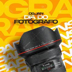 a camera lens on top of an orange and yellow background with the words papa do fotografo