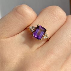 14KT Yellow Gold Emerald-Cut Purple Amethyst + Diamond Ring, 14KT Yellow Gold Emerald-Cut Purple Amethyst + Diamond Ring - Legacy Saint Jewelry Gold Ring With Amethyst, Emerald And Amethyst Ring, Manifesting Marriage, Amethist Ring, Amethyst Jewelry Ring, Purple Diamond Ring, Purple Engagement Rings, Antique Amethyst Ring, Purple Stone Ring