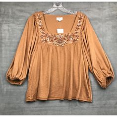 Good Condition No Rips Or Stains Casual Embroidered Fall Blouse, Fall Cotton Blouse With Floral Embroidery, Brown Cotton Top With Floral Embroidery, Fall Cotton Embroidered Top With Floral Embroidery, Fall Floral Embroidered Cotton Top, Cotton Embroidered Top With Floral Design For Fall, Brown Long Sleeve Top With Floral Embroidery, Brown Floral Embroidered Long Sleeve Top, Brown Embroidered Long Sleeve Blouse