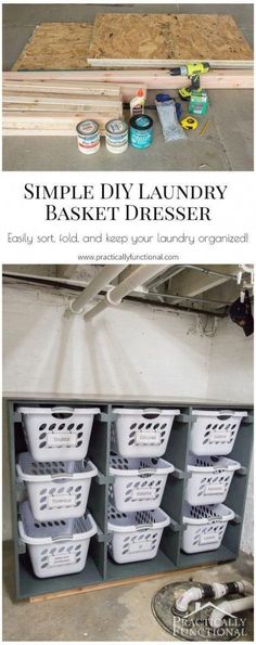 the inside of a storage unit with plastic containers and paint on it, next to an image of how to build a diy laundry basket dresser