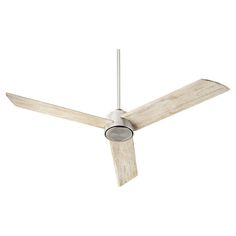 a white ceiling fan with wooden blades