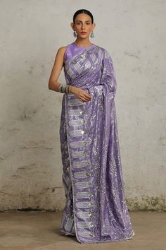 Purple handcrafted metallic cotton saree with over all floral hand embroidery in metallic silver sequins. Comes with stitched embroidered chanderi blouse. - Aza Fashions Saree Cotton, Purple Saree, Keyhole Blouse, Blouse For Women, Lace Hem, Silver Sequin, Cotton Saree, Pansies, Aza Fashion