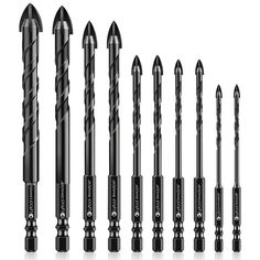 the different types of drills are shown in black and silver colors on a white background