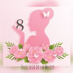 a woman's silhouette with flowers and butterflies on pink background for international women's day